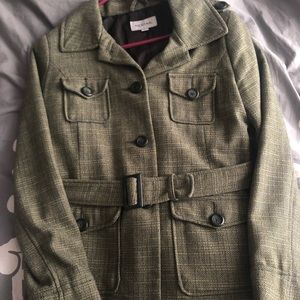 Merona olive green belted tweed wool blend coat M